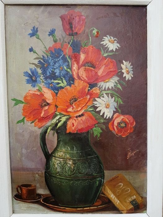 "Viața mea=flori, kent și-o cafea", tablou, ulei, Flesaru, cu ramă