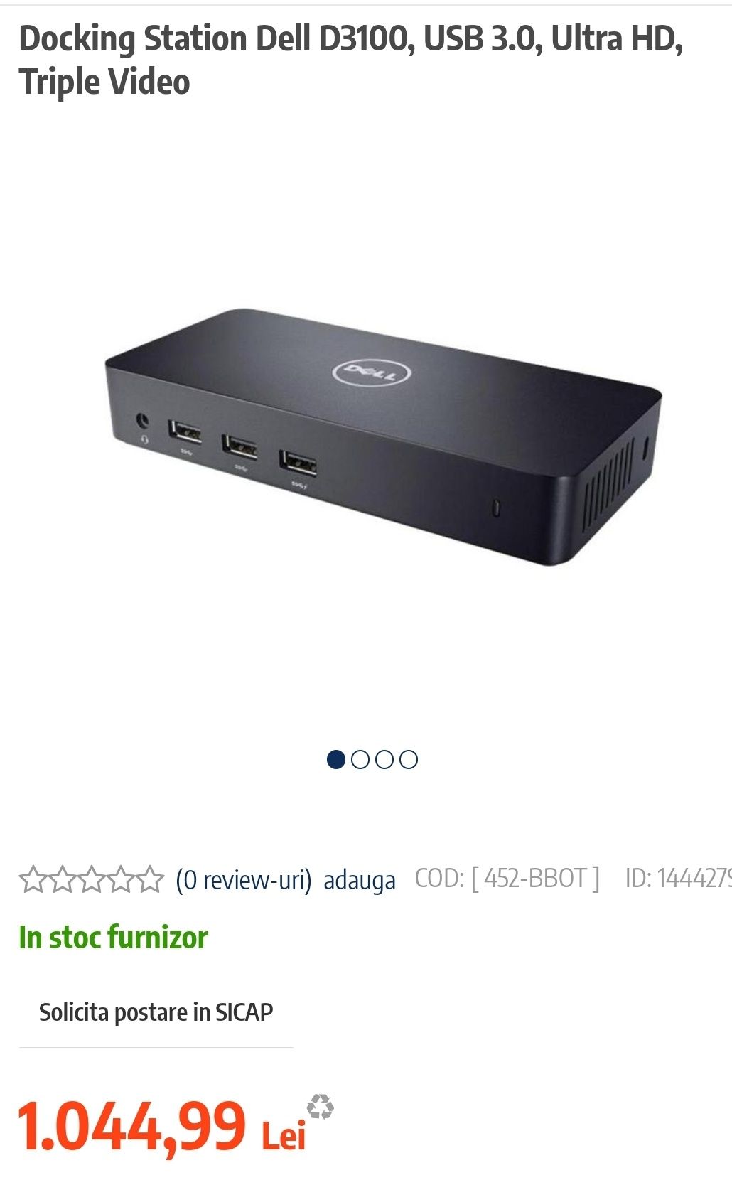 Docking Station Dell D3100, USB 3.0, Ultra HD,4K , Triple Video