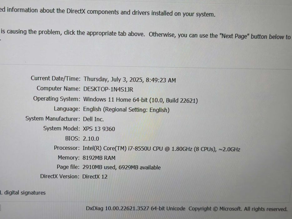 laptop XPS 13 9360 i7 8550U 8GB RAM 256 gb SSD