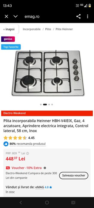 Plita incorporabila Heinner HBH-V4IEIX, Gaz, 4 arzatoare, Aprindere el