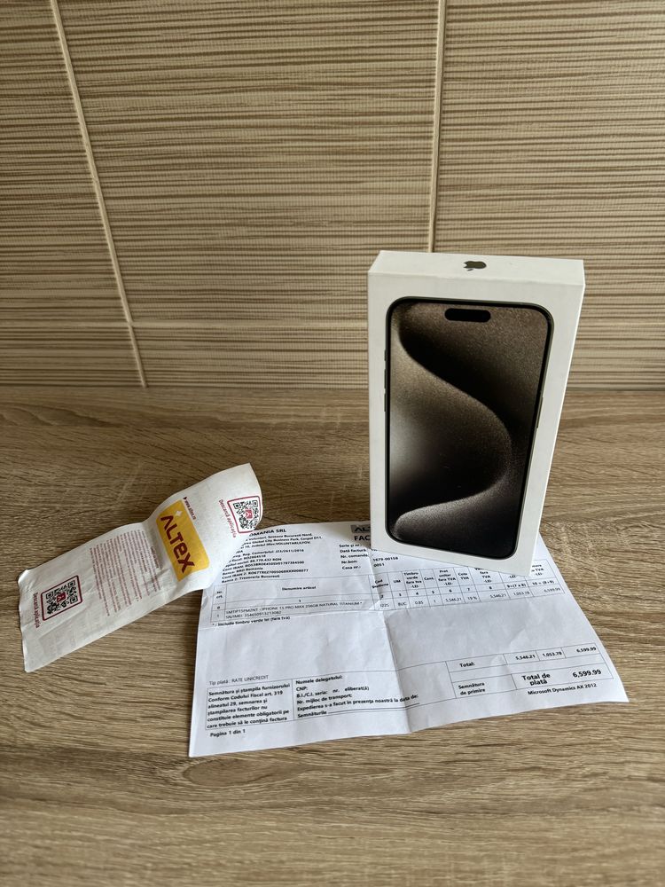 Iphone 15 PRO MAX 256GB Natural, Garantie 24 luni Altex+Husa Apple