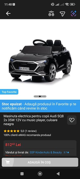 Vând mașinuță electrică Audi SQ8 2×35W 12V cu muzic player