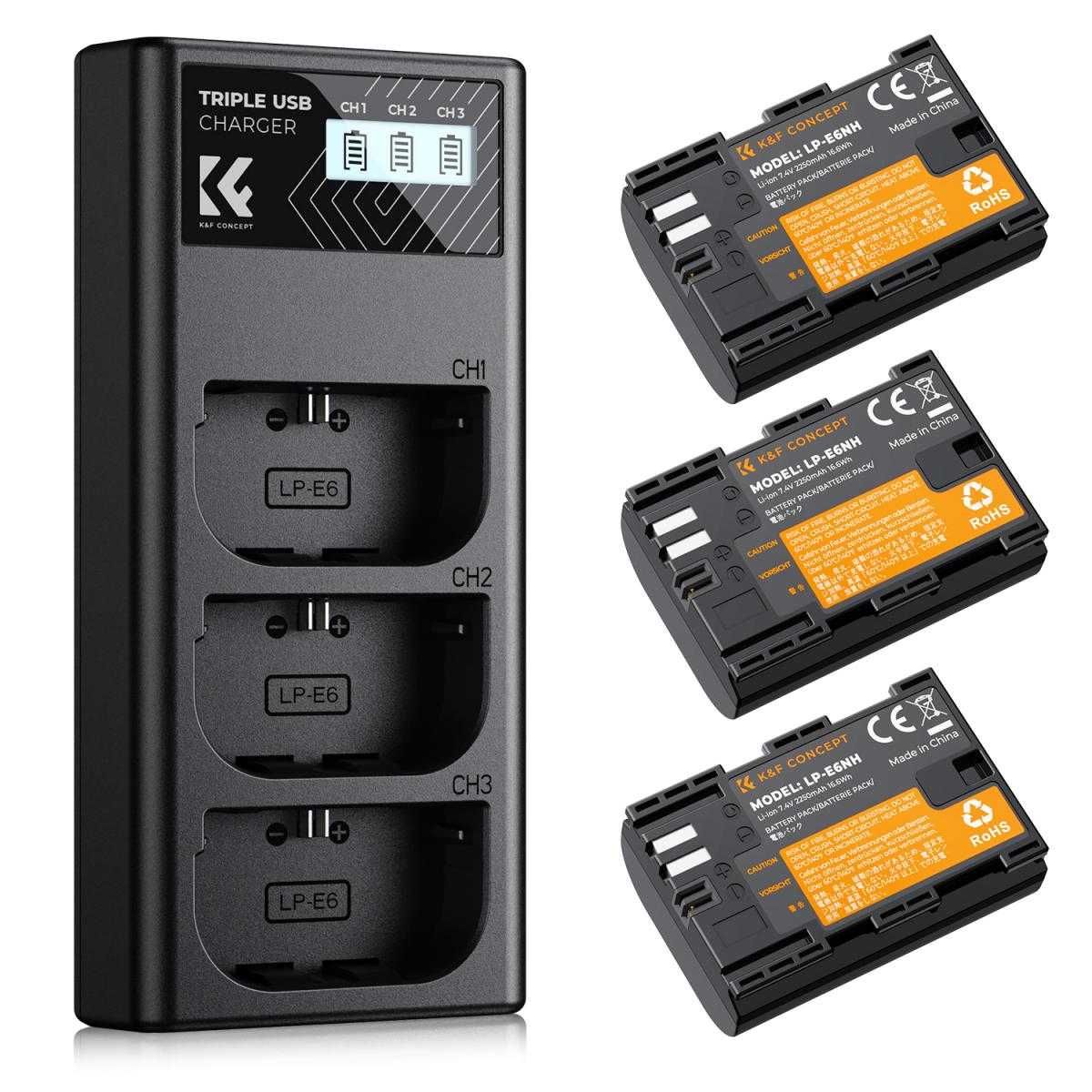 Комплект 3 батерии LP-E6NH + зарядно K&F Concept