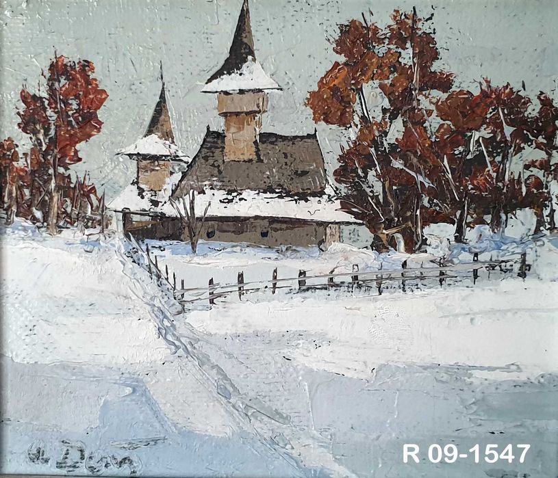 REDUCERE tablou pictura AUREL DAN ulei pe panza- Biserica din deal MM,