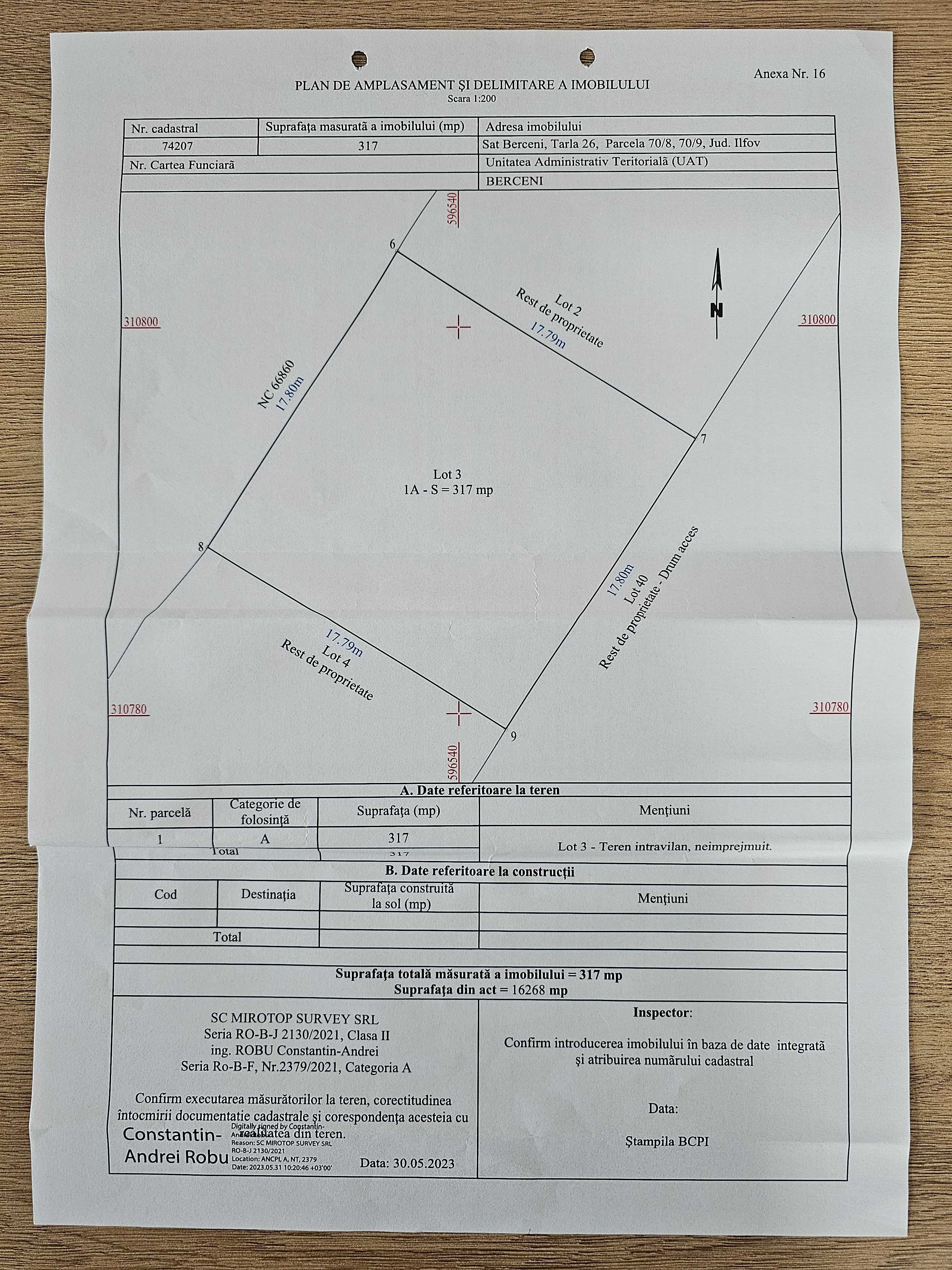 Teren intravilan 317 mp Comuna Berceni