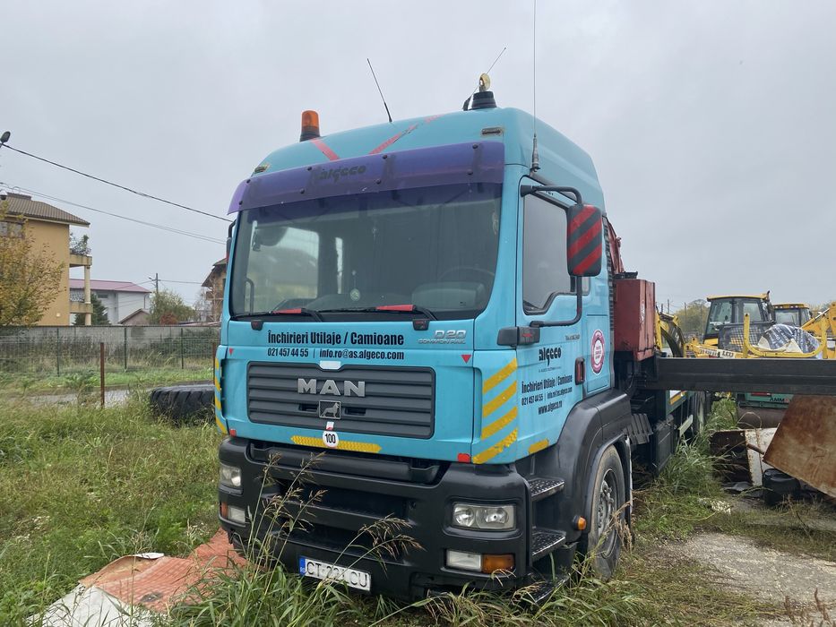 Camion MAN TGA 18.310 cu macara HMF 2823 K4 + platformă – Funcțional