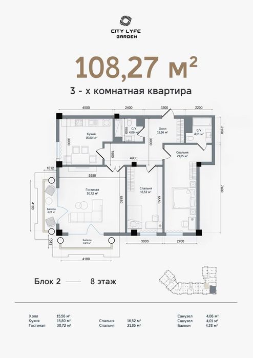 Продаётся 3-х комнатная квартира в ЖК City Life 108м2