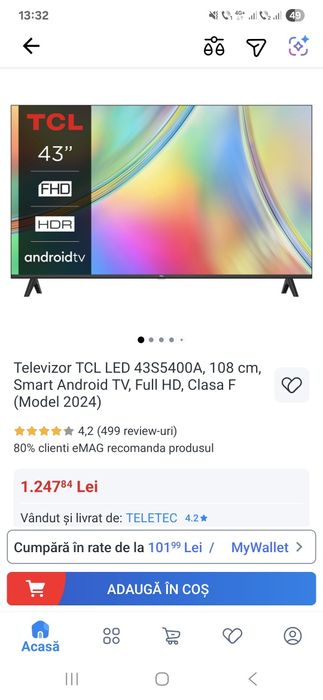 Televizor TCL LED 43S5400A, 108 cm, Smart Android TV, Full HD, Clasa F