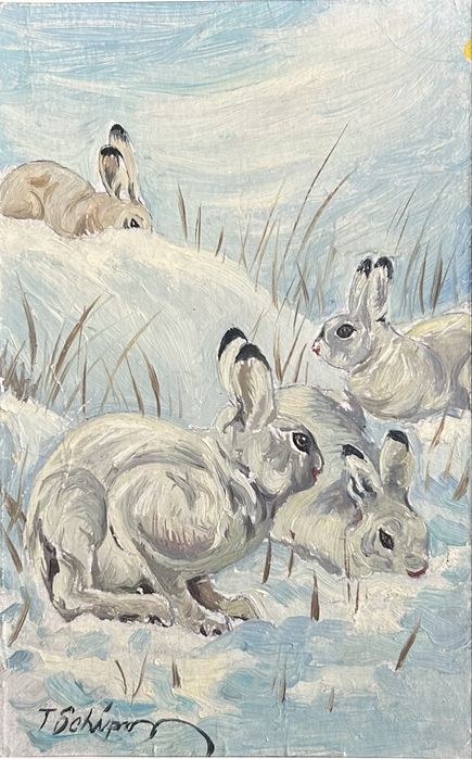 T Schipor 5 Tablouri Tematica Vanatoreasca picturi anii 60 rama 26x35