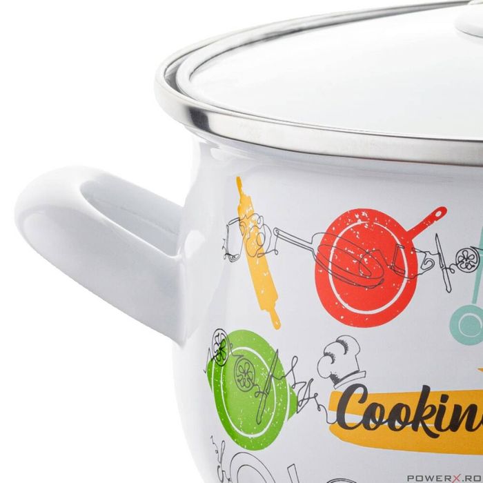 Oala cu capac din sticla, otel carbon, emailata, alba, 18cm, 3l,