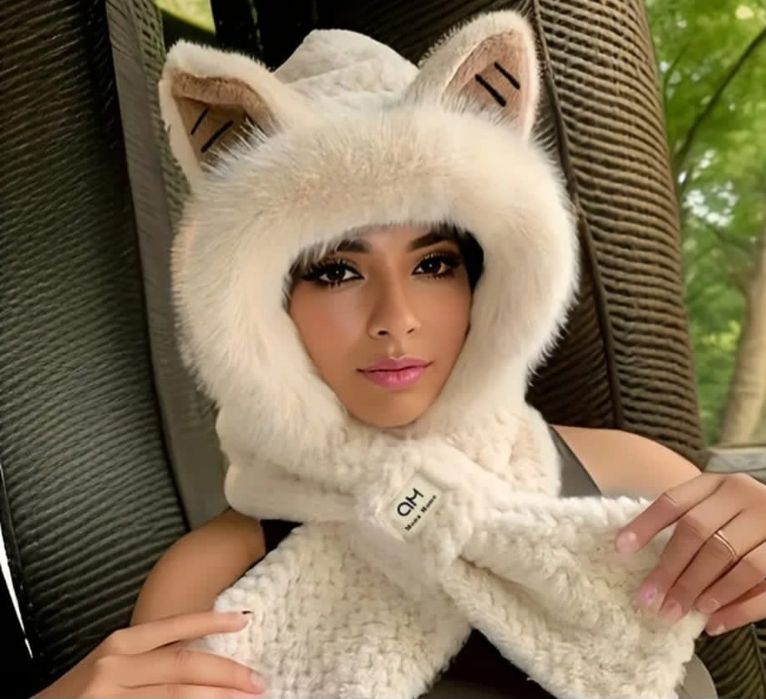 Căciulă cu blană textilă și fular, model vulpiță. Nouă j