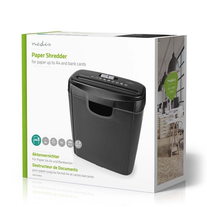 Шредер за хартия NEDIS, A4, 10l, 190W, 2.5m/min, ABS, Черен