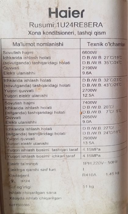 Haier 24 srochni sotiladi konditsioner