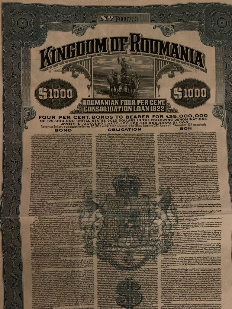 titlu stat $1000 aur 1922 Romania bond dolari SUA  neincasat -cupoane