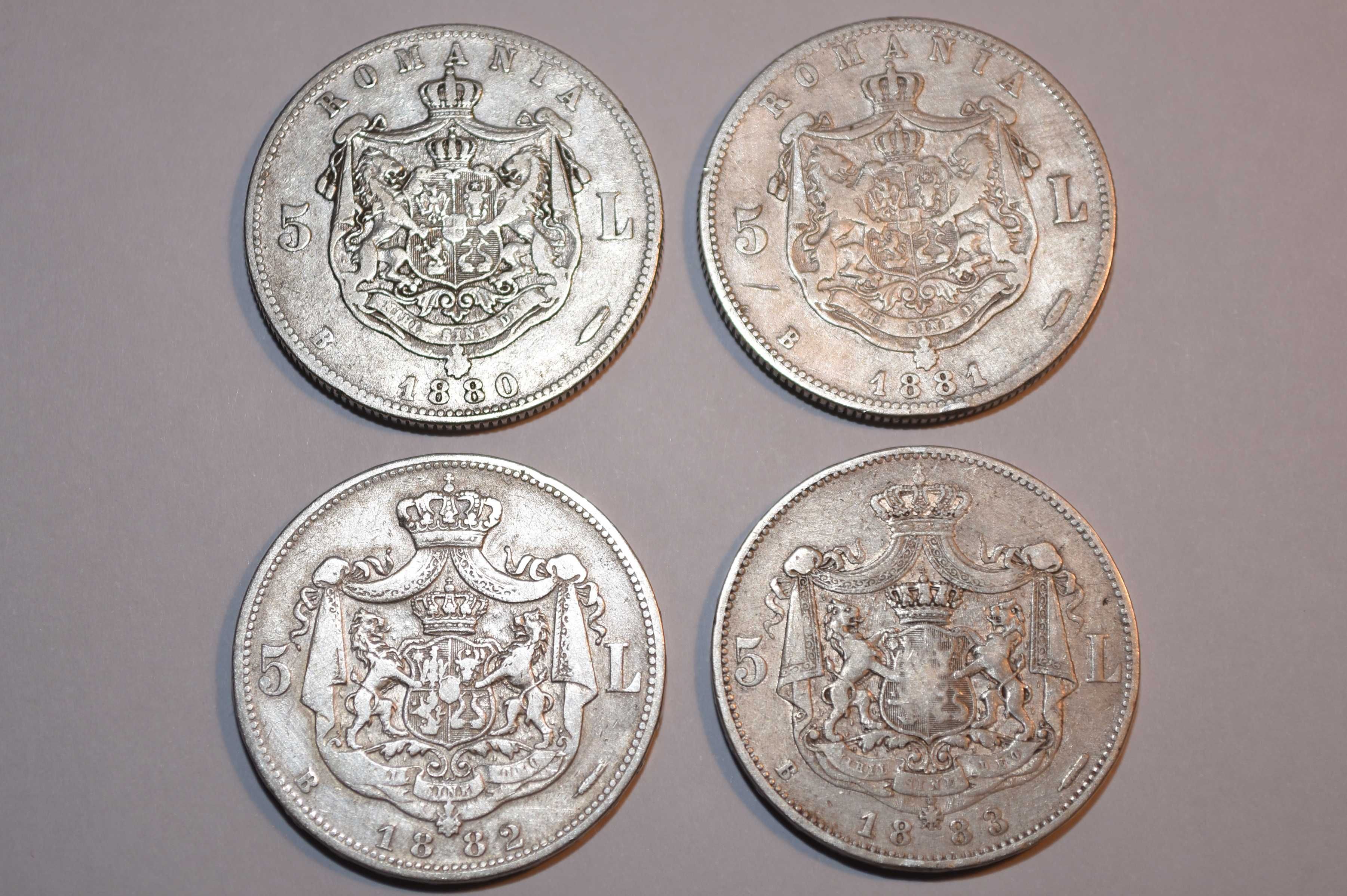 Set monede 5 lei, argint, din anii: 1880, 1881, 1882, 1883.