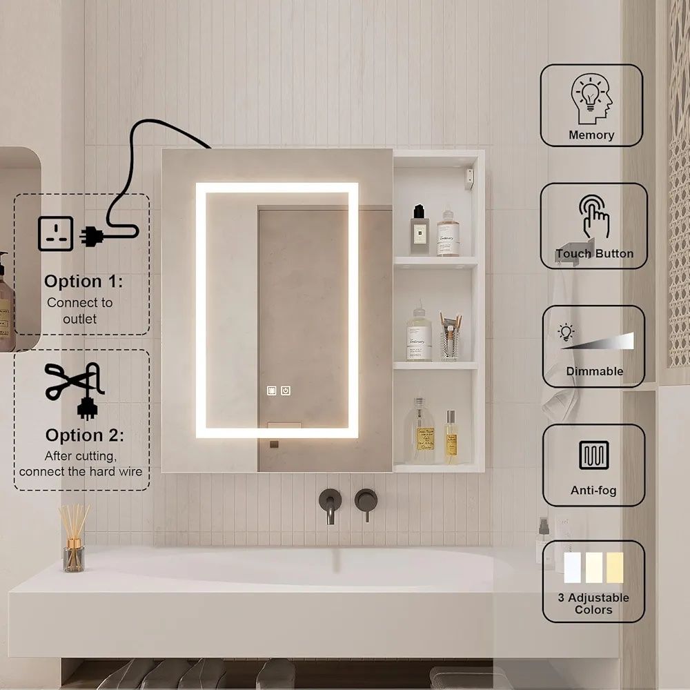 Шкаф за баня 70×70×15 см с огледало, LED осветление и обезпотител