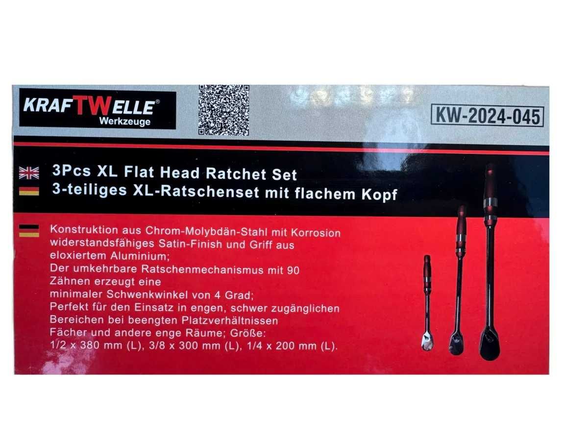 Комплект усилени тресчотки удължени XL 1/4″, 3/8″, 1/2″, KRAFTWELLE