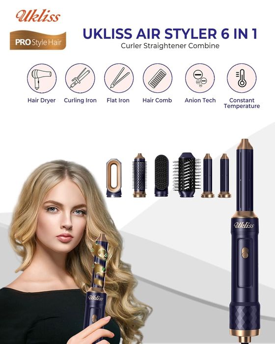 UKLISS Стилизатор за коса 6в1 - йонен сешоар, въздушна маша за къдрици