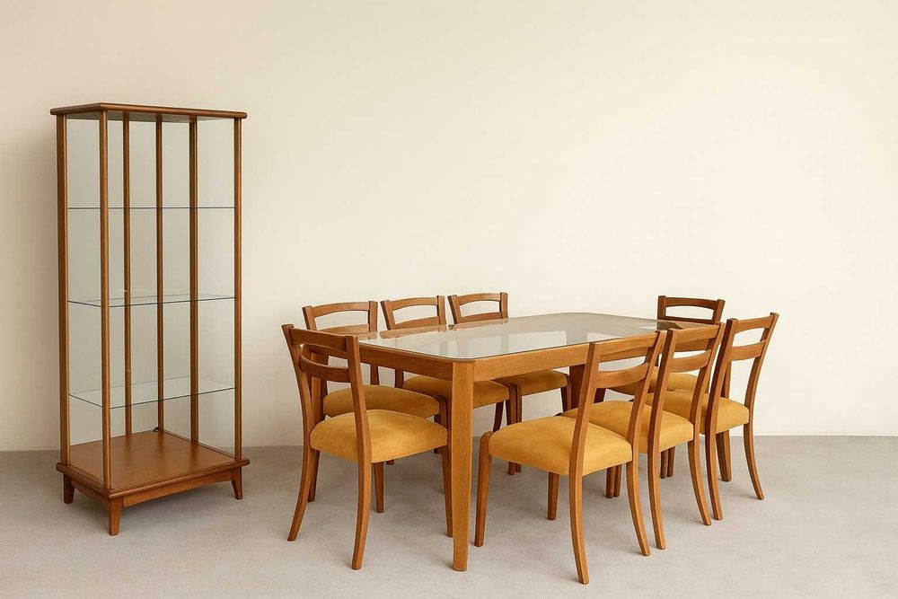 Комплект трапезария Bora – маса + 8 дървени стола + витрина