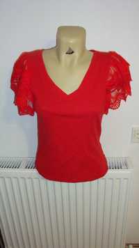 Tricou damă roșu, elegant, dantelă la mâneci, L-XL, elastic
