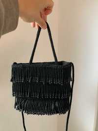 Дамска черна чанта с къса и дълга дръжка