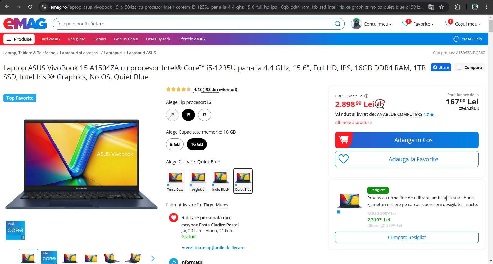 Laptop vivobook 15 A1504ZA, 1TB, 16 GB, Windows 11 Pro, Garantie 3 ani