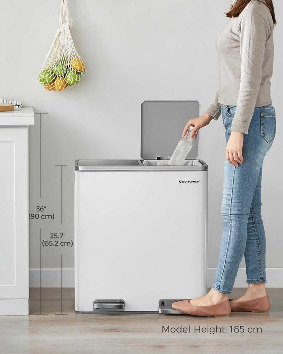 Cos gunoi dublu SONGMICS, 2x30L, cu pedale si galeata detasabila, alb