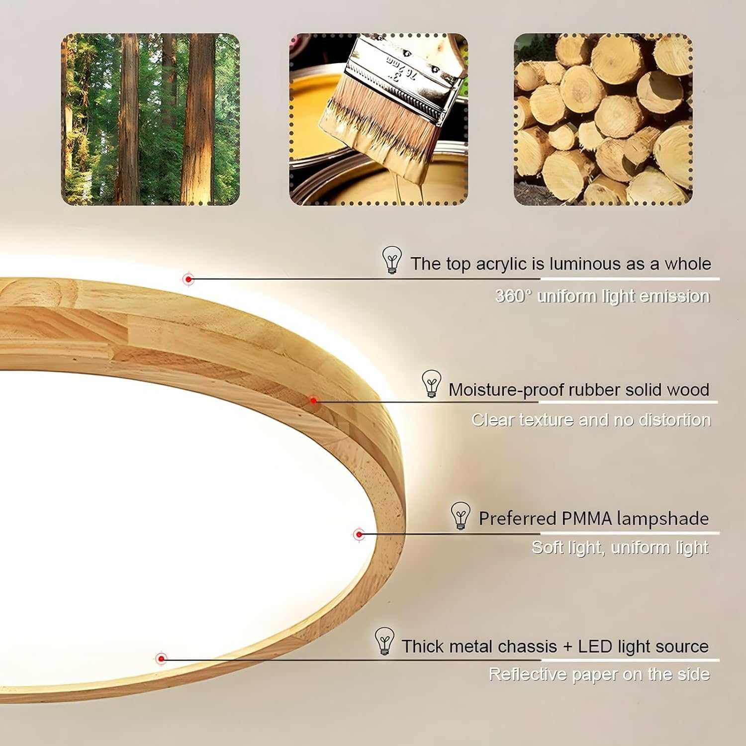 Дървена LED лампа за таван, 30см, 18W, 4500K, 1620Lm