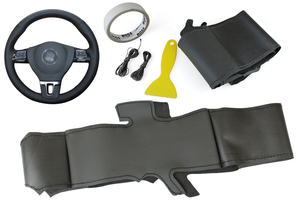 Husa volan piele negru 38 cm. pentru VW Passat B7 Golf 6 Tiguan Jetta