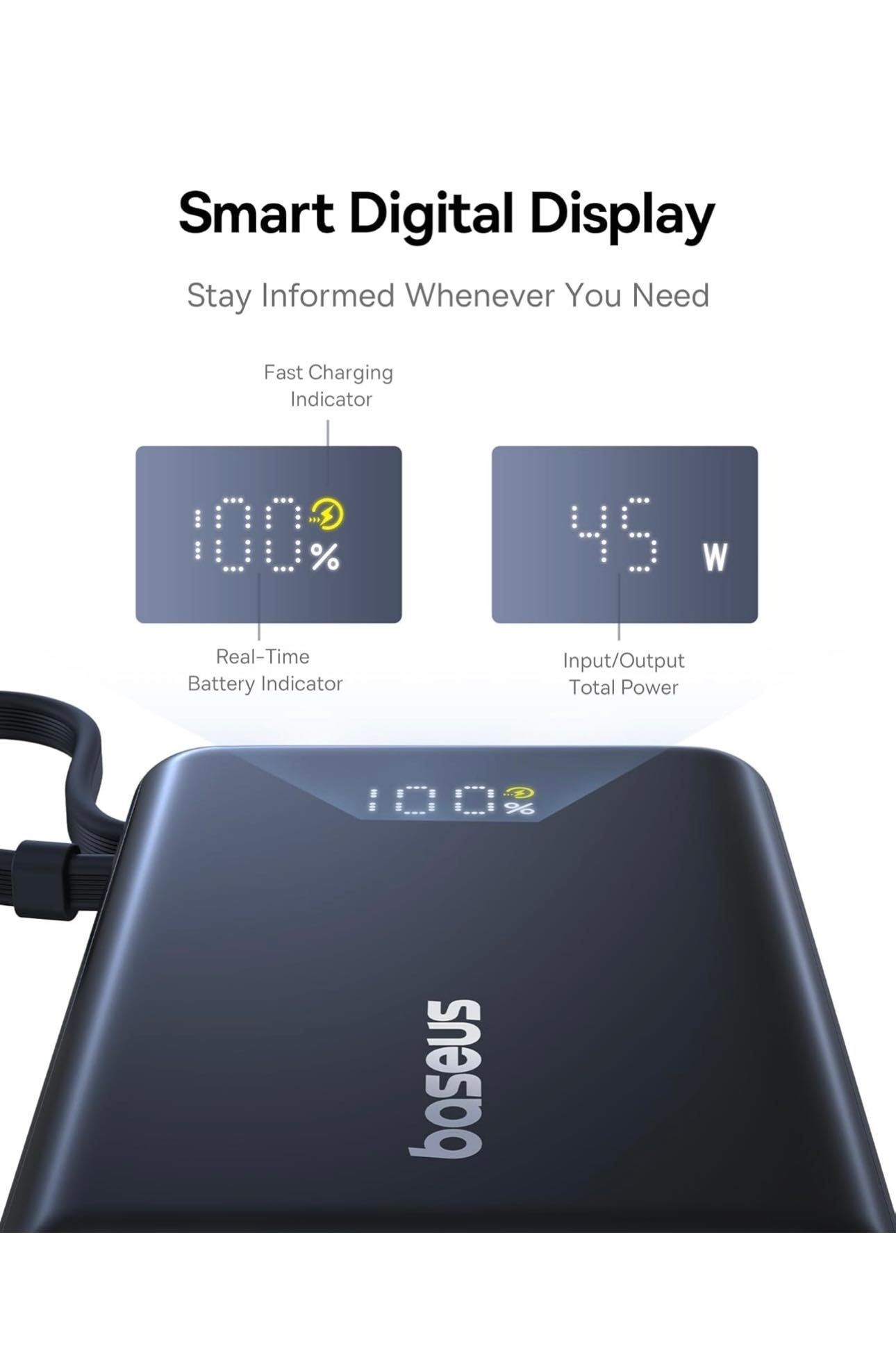 Baseus Power Bank Picogo 10000mAh 45W 3-Output Built-in USB-C cable PD