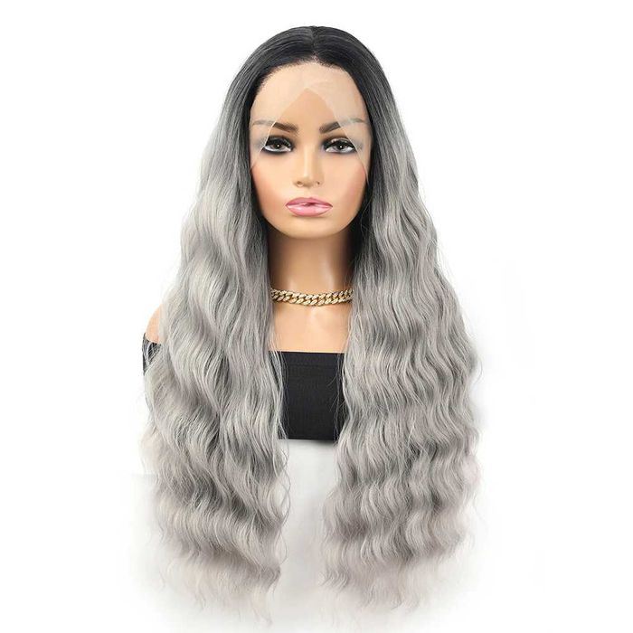 Висококачествена дантелена сива омбре перука с тъмни корени лейс фронт