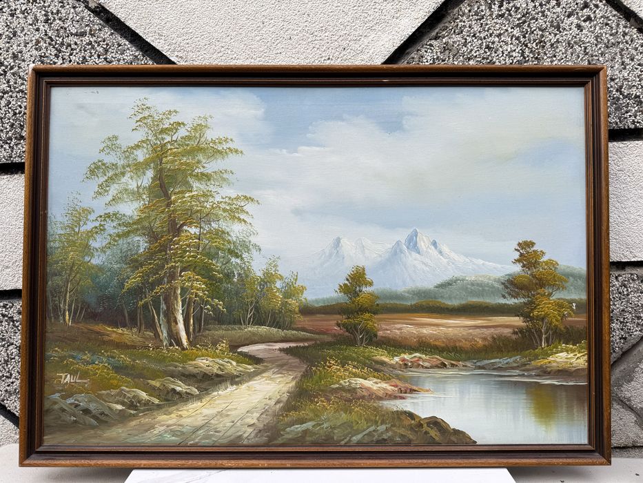 Масивна карина с маслени бои, Пейзаж с река и планини