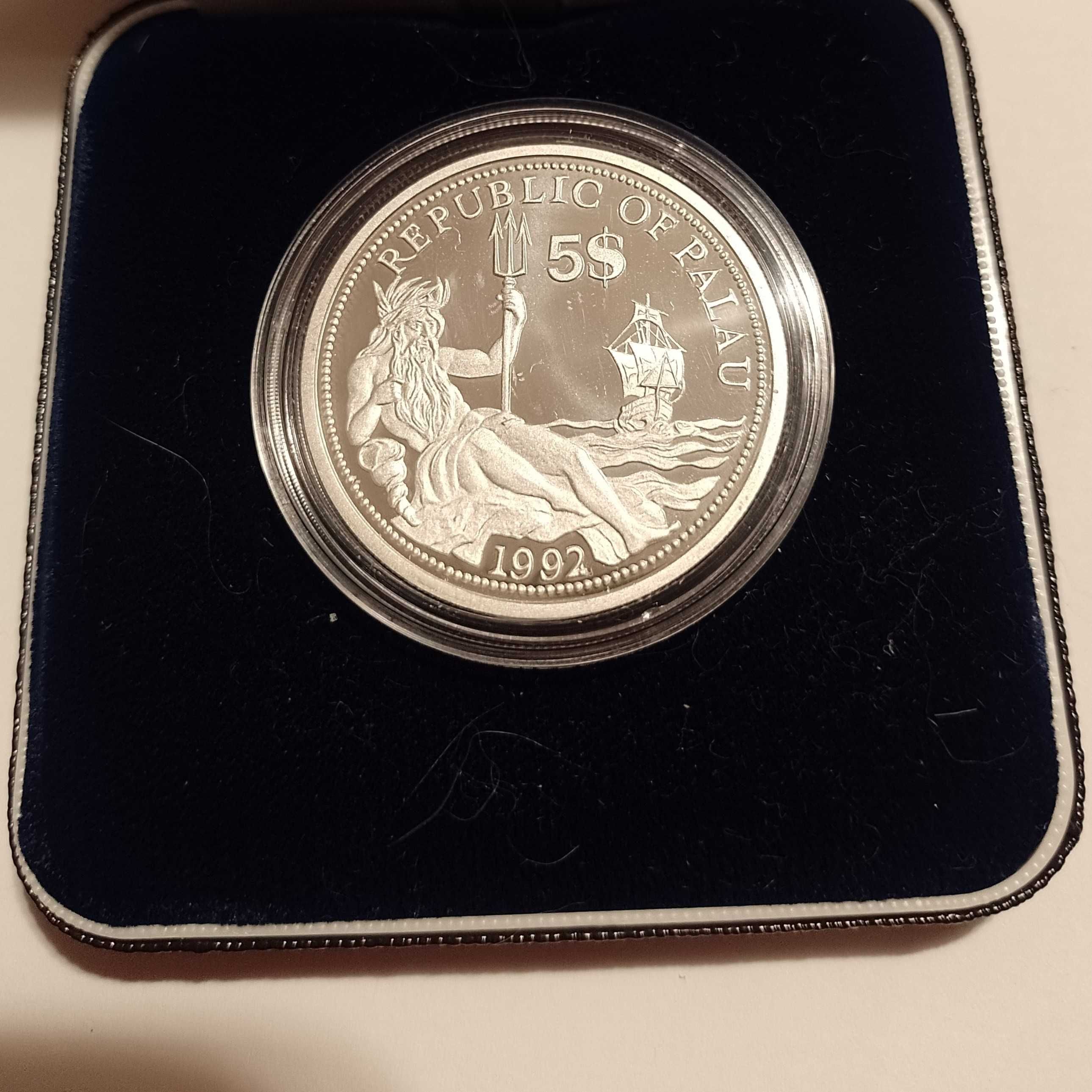 Moneda 5 dollars 1996 proof Palau rară cu email color argint 925