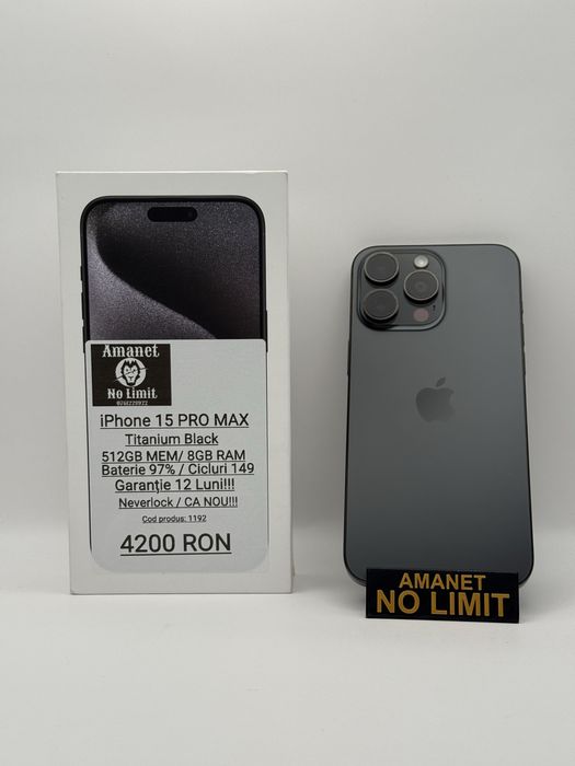 iPhone 15 Pro Max Titanium Black 512GB Ca Nou,Garantie 1An Folie Cadou