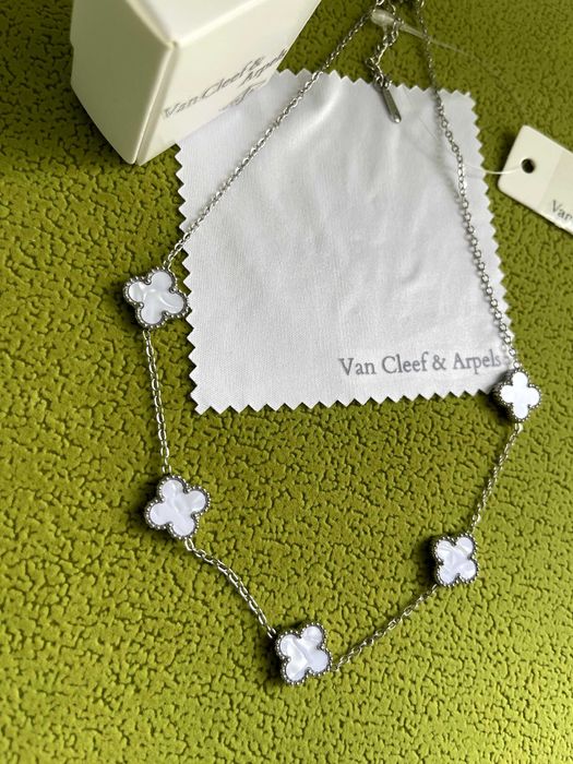 ван клиф колие бял седеф неръждаема стомана детелина van cleef