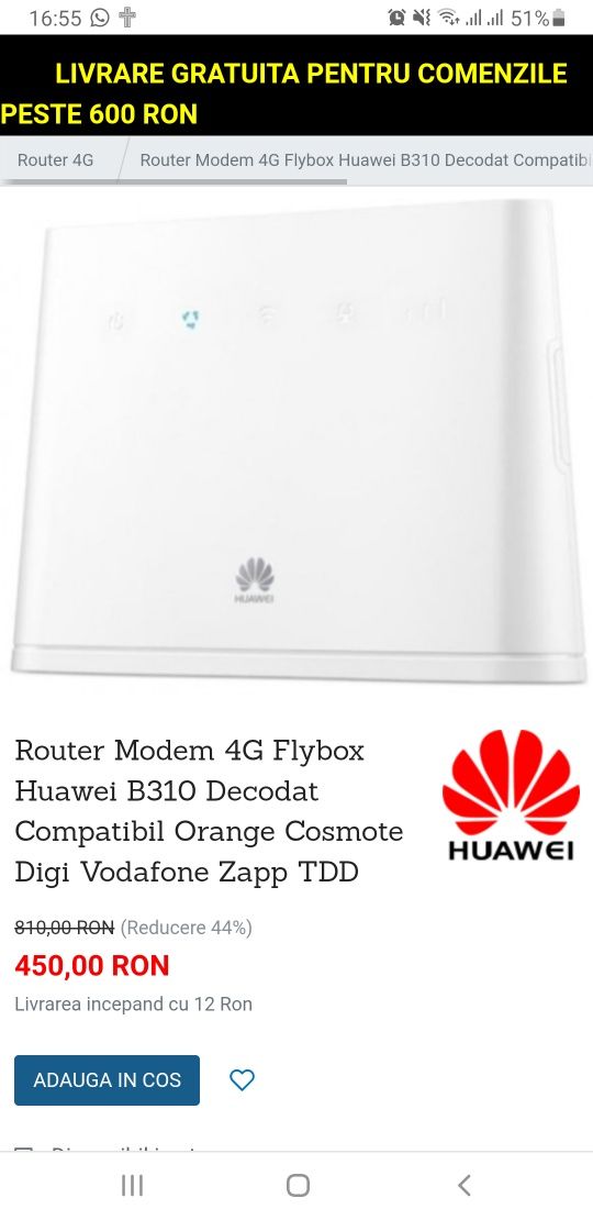 Router Modem SIM 4G Flybox Huawei B311 Decodat Orange Wi-fi NOU Antena