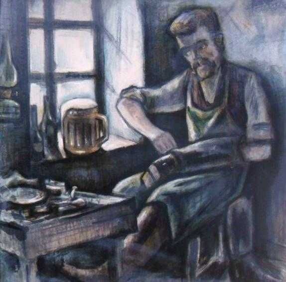 Tablou VECHI, modernist, tehnica mixta/carton. Șc maghiară 60x60cm