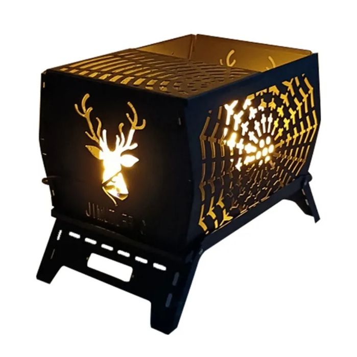 Металлическая походная печь-очаг с декоративными вырезами (олень, узор