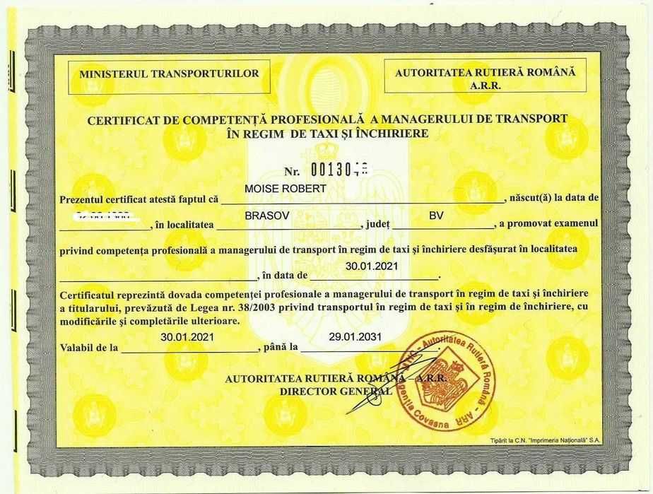 Manager transport persoane Braila (67 lei/luna) pentru Uber/Bolt/taxi