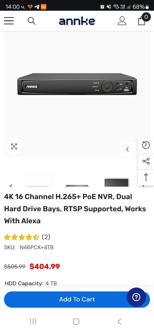 Комплект 4K Annke NVR 4TB + 8 камери I91BL