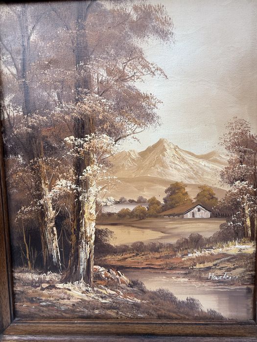 Маслена картина „Планински пейзаж“ с дървена рамка, Френски внос