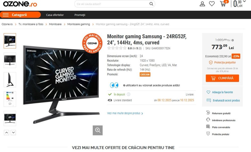 Monitor Samsung, curbat. LED, Freesync, VA, Mat, timp de răspuns 4ms.