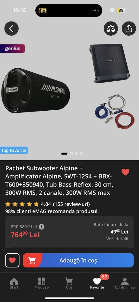 Vand Subwoofer nou sigilat Alpine + Amplificator Alpine+ set cabluri