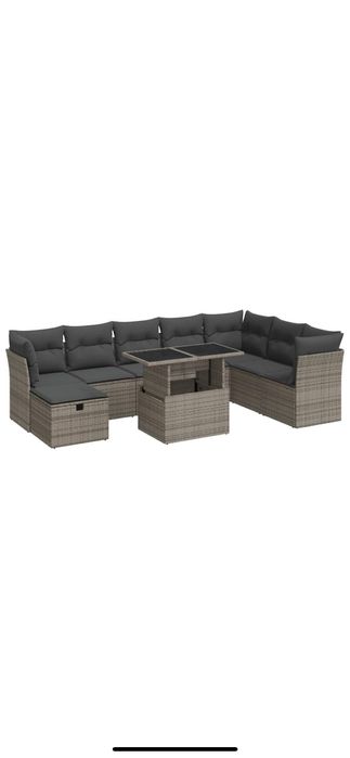 Set canapele de gradina VidaXL, 9 piese, cu perne gri, poliratan