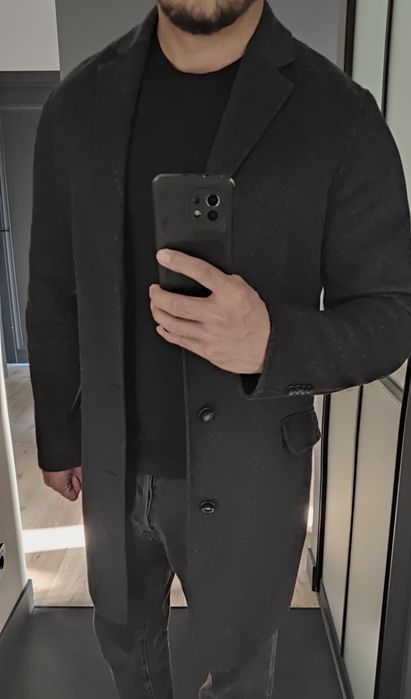 Пальто серое лёгкое шерстяное Mango