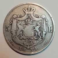 Moneda din argint România 5 lei 1884 regele Carol I, Rară