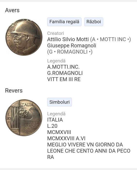 Monedă 20 lire Italia an 1928