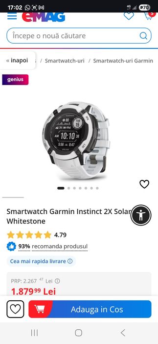 Smartwatch Garmin Instinct 2X Solar, Whitestone, produs NOU