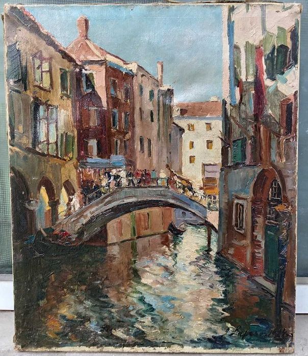 Pictura veche - canal Venetian - semnat indescifrabil