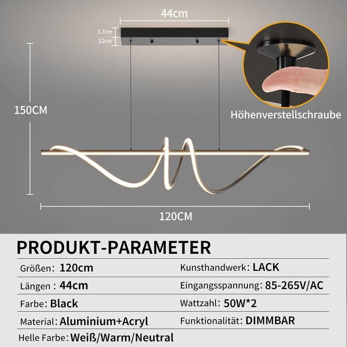 Mikeru 120см черна спираловидна LED висяща лампа димируема